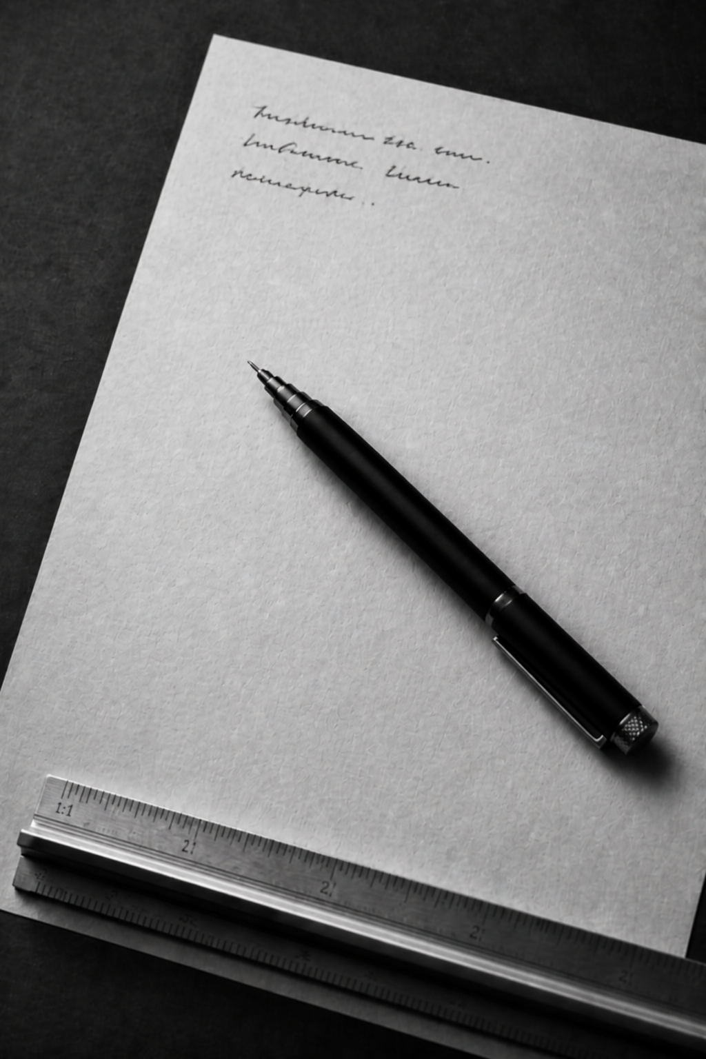 Photographie en gris : feuille, stylo, réglet. La note.