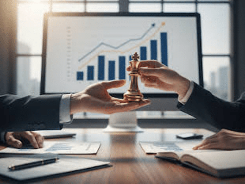 Illustration gestion déléguée avec une main déplaçant une pièce d'échecs devant un graphique de croissance.