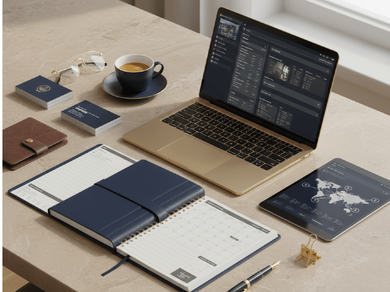 Bureau de luxe avec agenda bleu marine, ordinateur portable doré et café, illustrant les services d'un assistant personnel pour la gestion du temps.